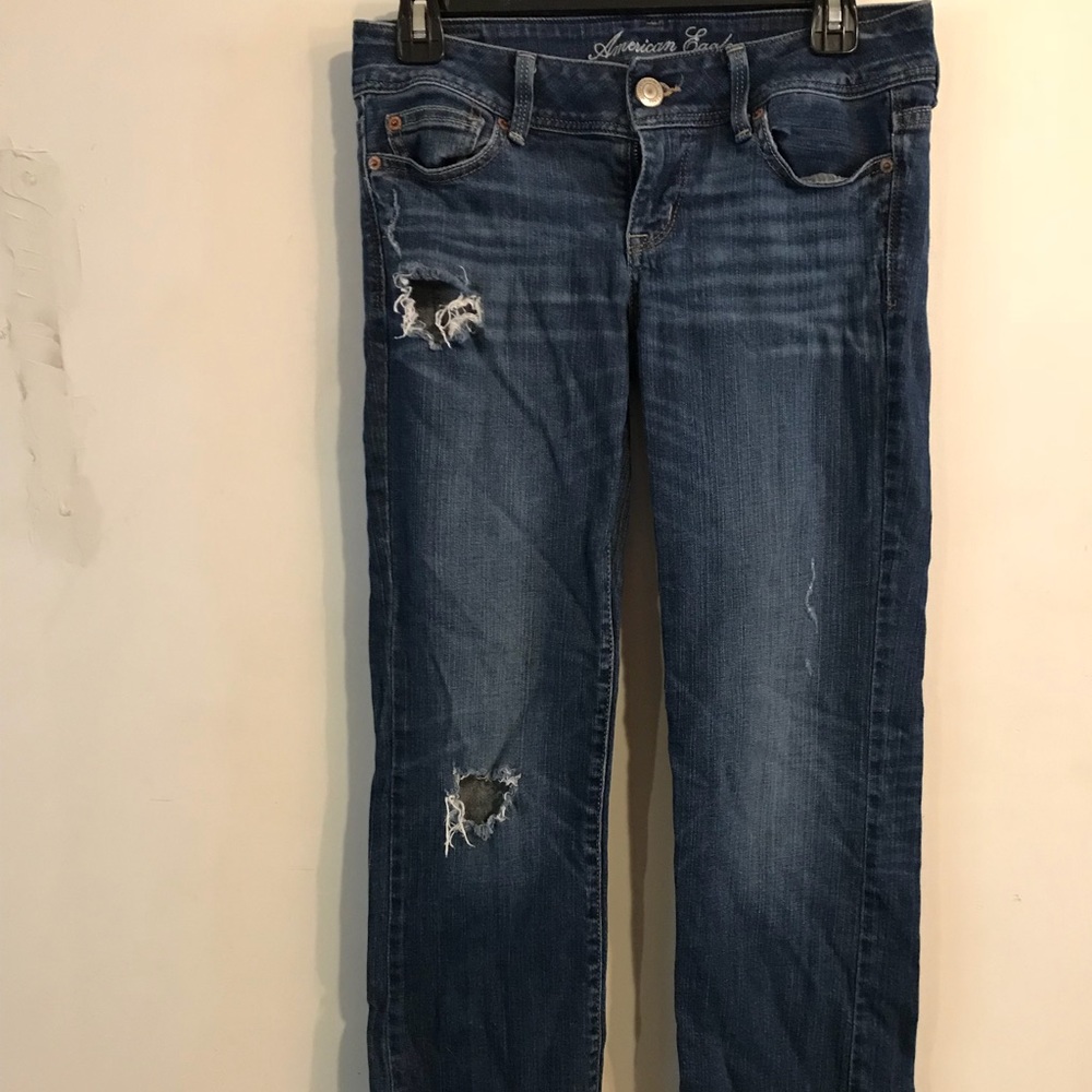 Distressed AEO Slim Boot Cut Blue Jeans